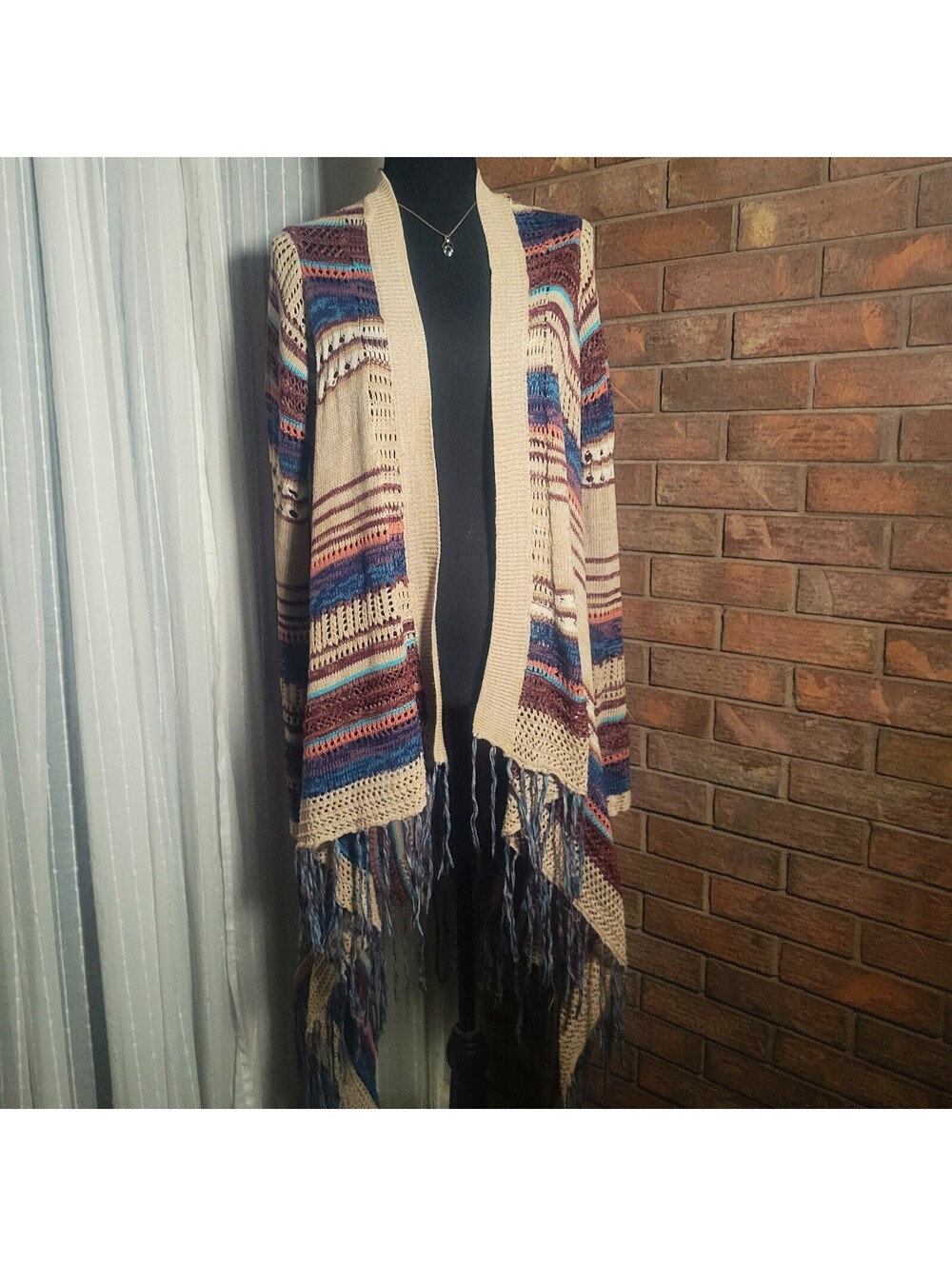 Lovemarks Boho Striped Fringe Open Front Cardigan - Size M Boho Fringe Drape